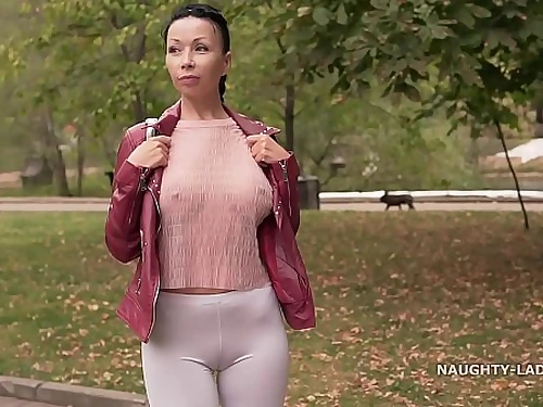 Thin milky tight stretch pants and sheer blouse… Did you check out my cameltoe ;)?