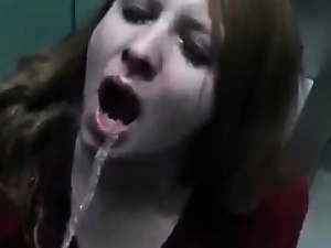 Breasted youthfull damsel drinking urinate from dinky