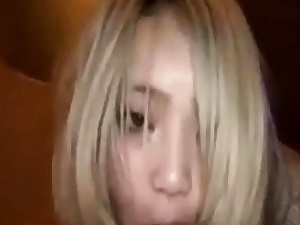 Ash-blonde japanese dame sucking man-meat